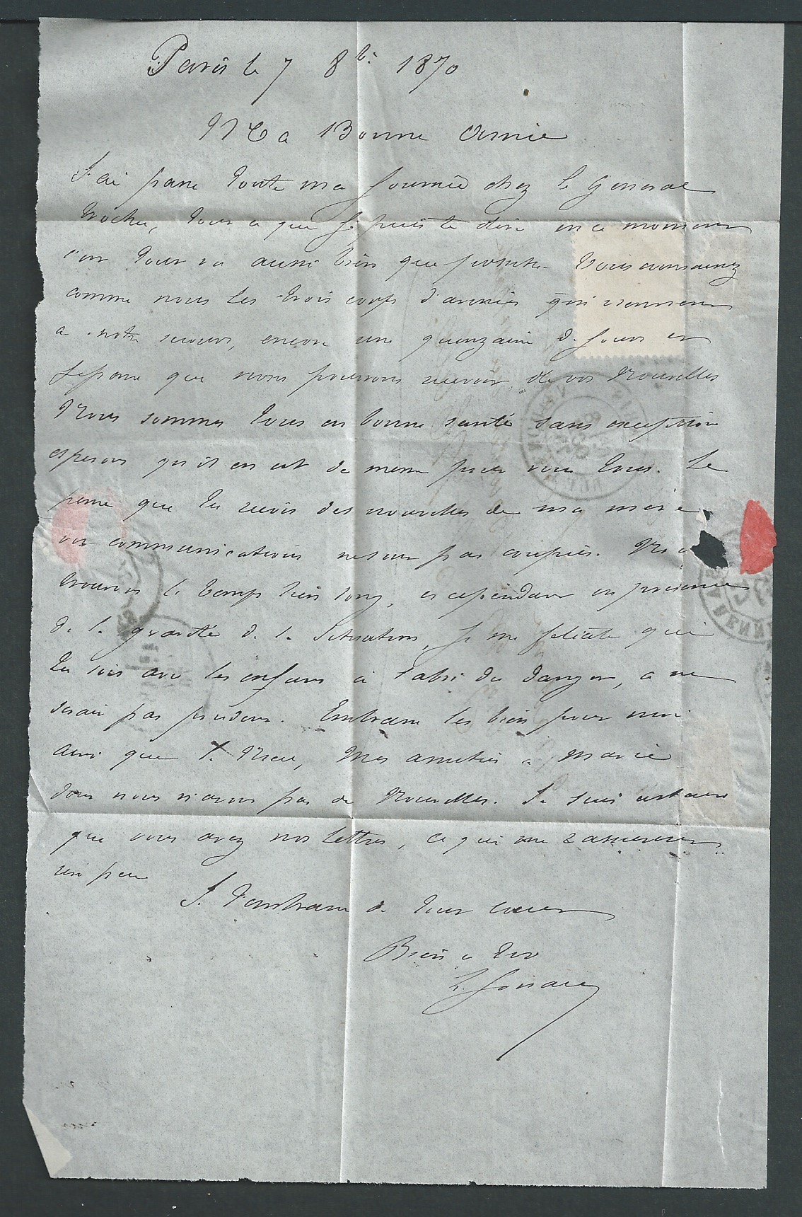 France 1870 (Oct 8) Small entire letter to St Malo franked 20c, flown from Paris - Image 3 of 3