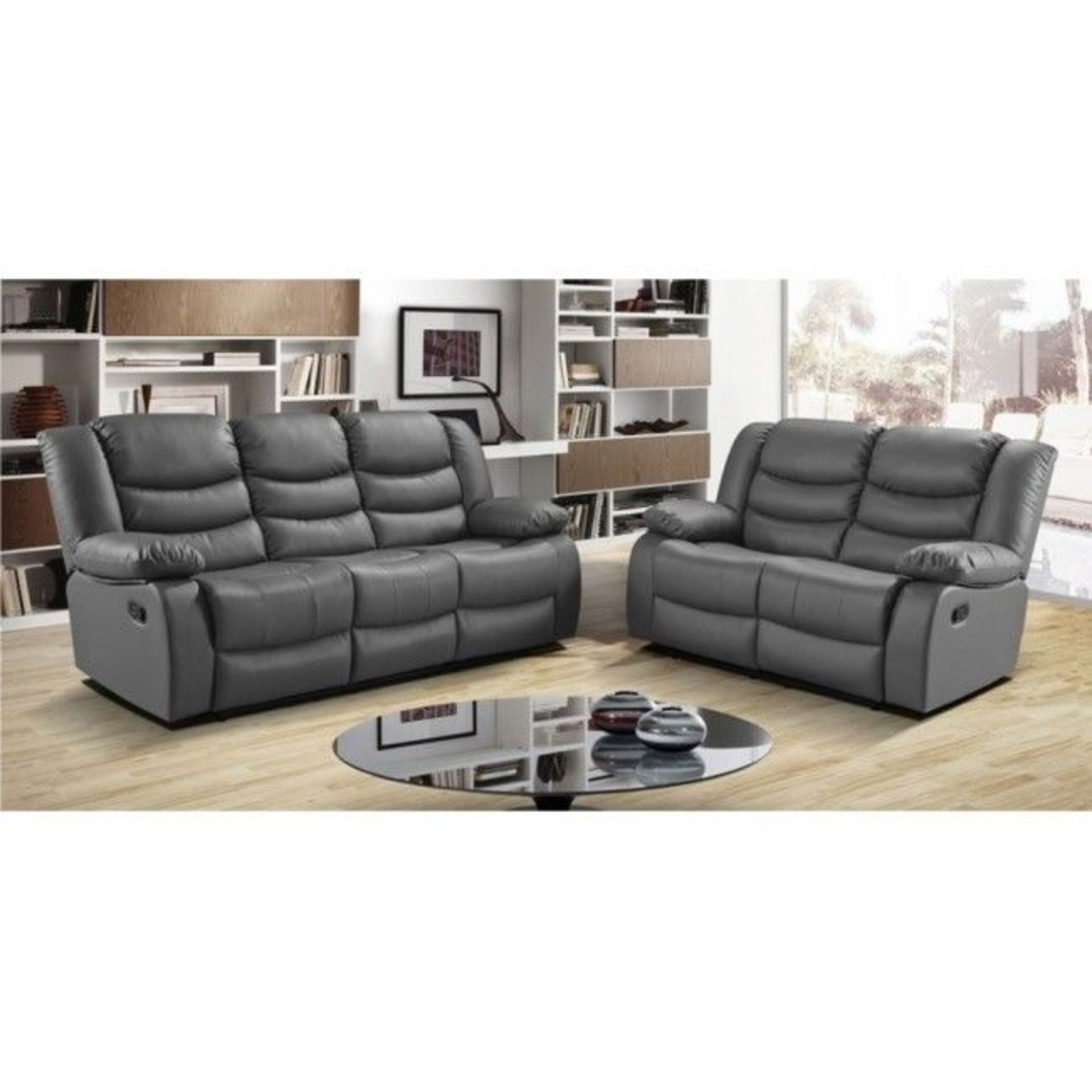Brand New Boxed 3 Seater Plus 2 Seater Miami Grey Leather Reclining Sofas