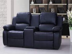 Brand New Boxed Valencia 2 Seater Reclining Sofa With Console And Drinks Holder In Black Leather