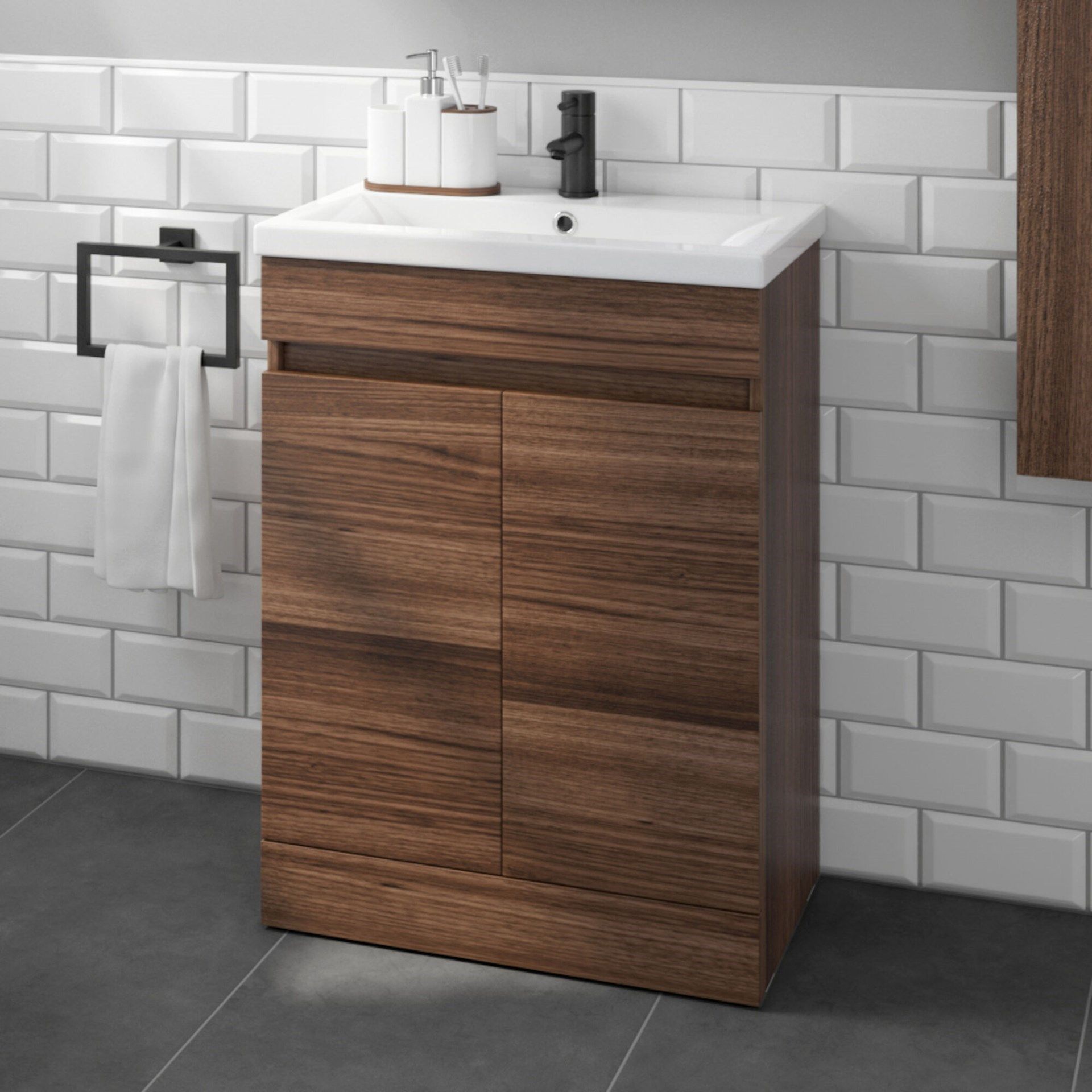 PALLET TO CONTAIN 6 x BRAND NEW BOXED 600mm Trent Walnut Effect Double Door Sink Cabinet - Floo...