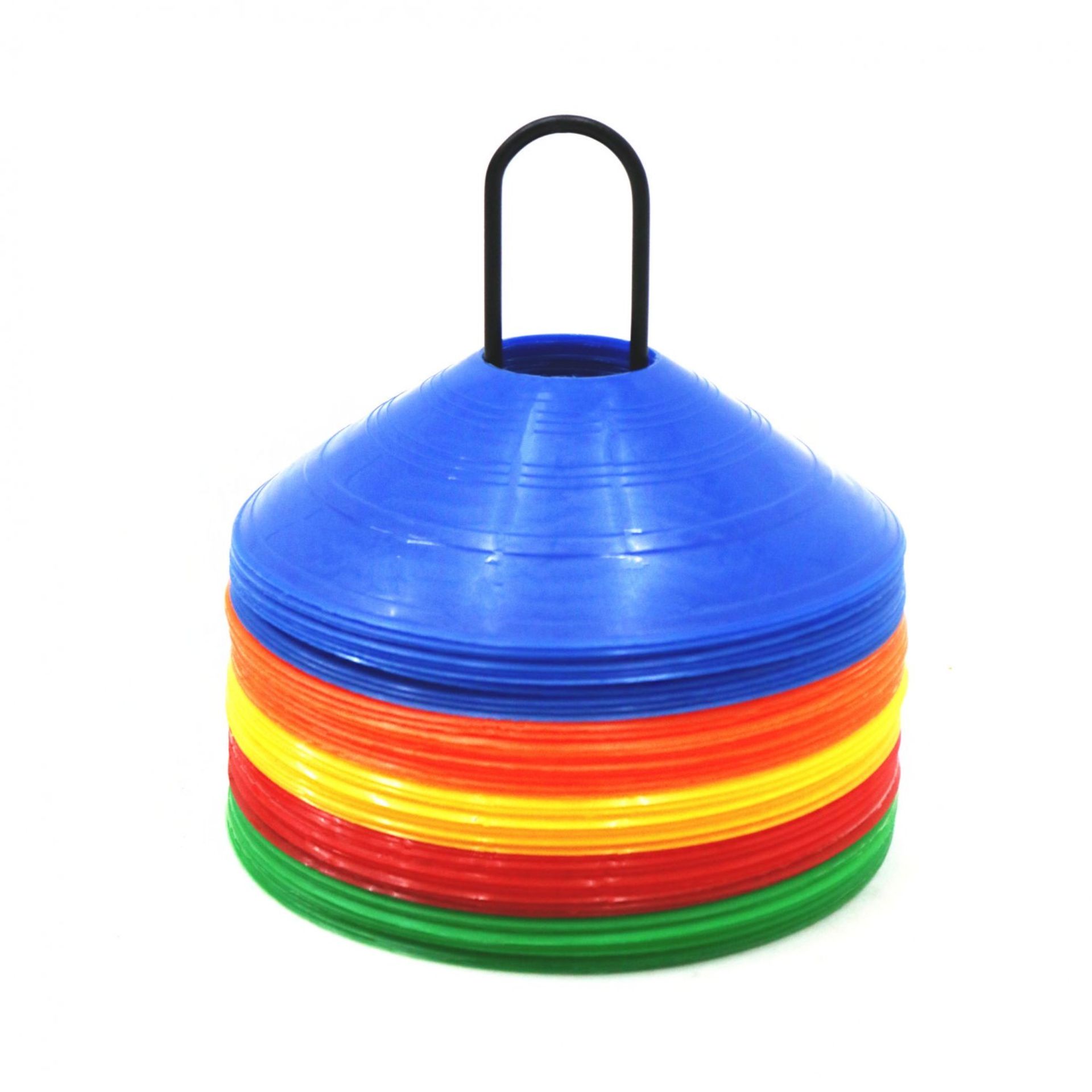 (SK89) 50x Multi Coloured Sports Training Markers Discs Cones w/ Stand This set of 50 traini...