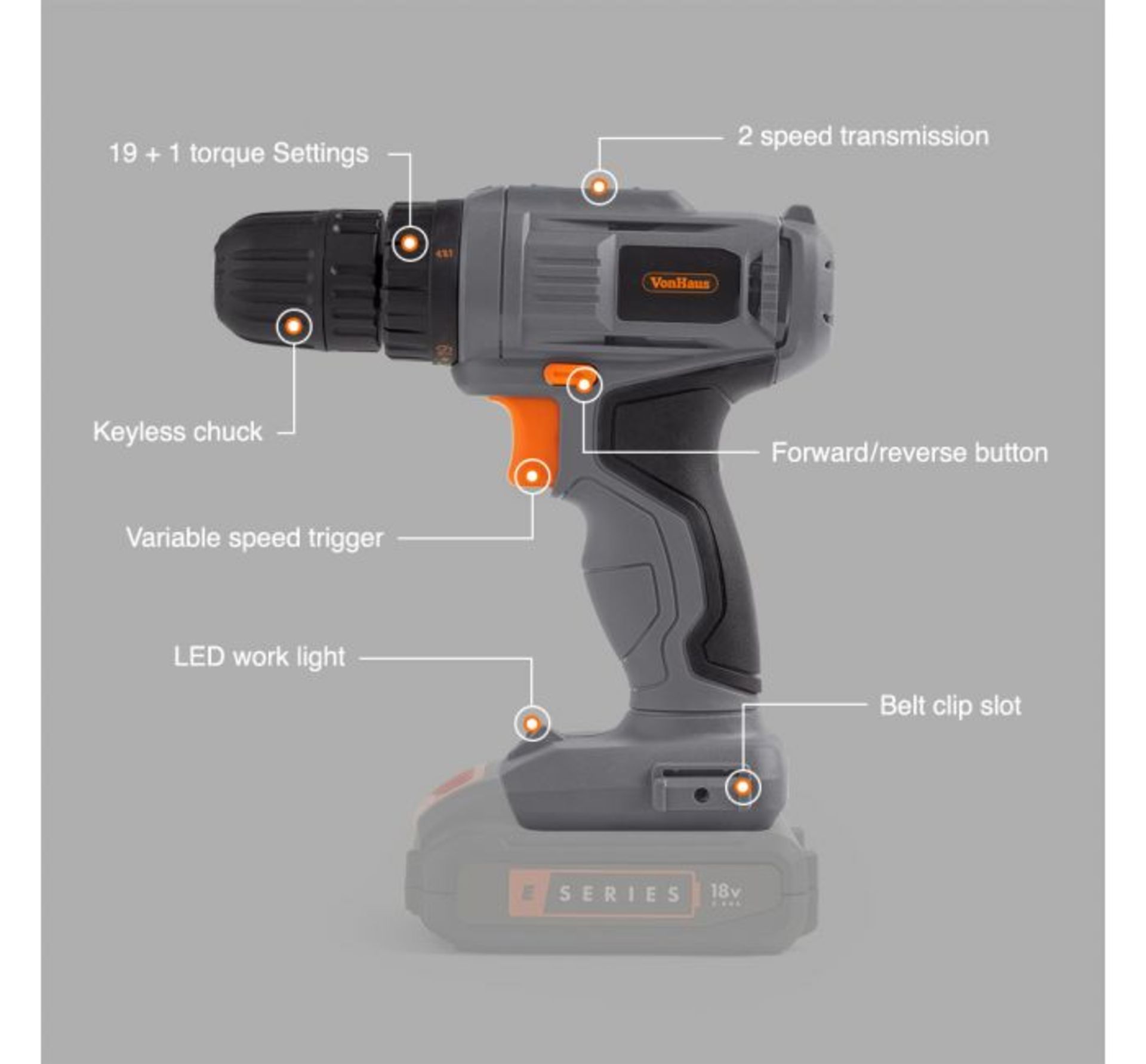 (GE56) E-Series 18V Cordless Drill Driver Drill up to 10mm (metal) & 20mm (wood) 30NM torque ... - Image 2 of 4