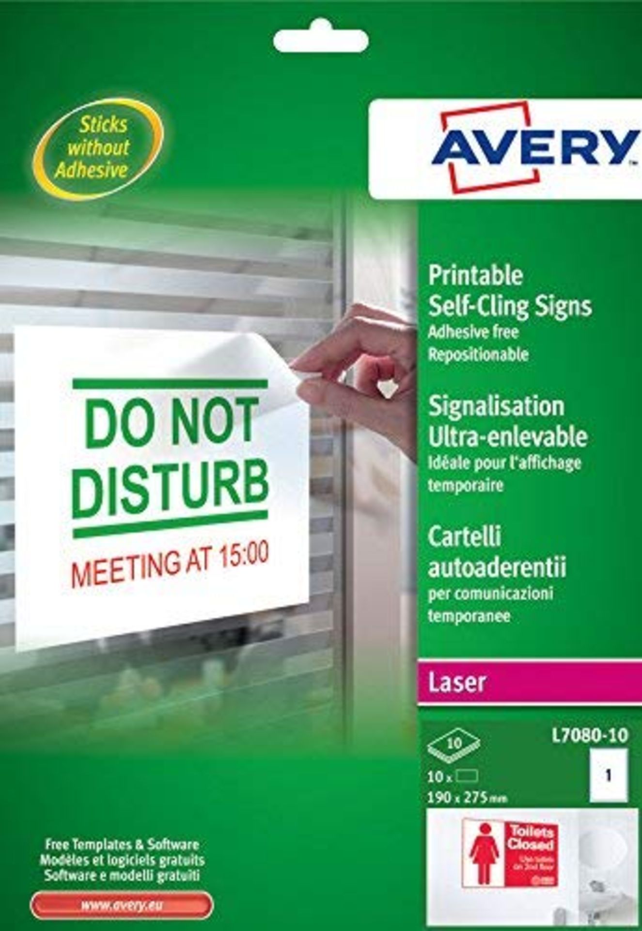 50 x avery l7080-10 repositional adhesive-free self-cling signs for laser printers (a4 sheets of 190