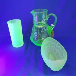 Group of 3 Uranium Glass items. Includes Early Crackle Glass Hand Painted Jug.