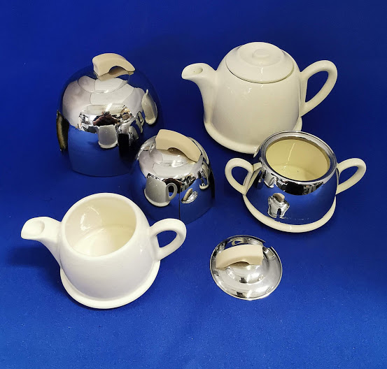 Vintage Retro Chrome And Ceramic insulated tea pot sugar bowl and milk jug. Tea for one set. - Image 4 of 5