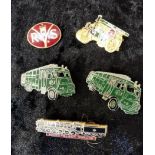 Group of enamel pin badges includin Green Godess Fire Engines.