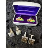 3 pairs of cufflinks. White Metal. Novelty and vintage style.