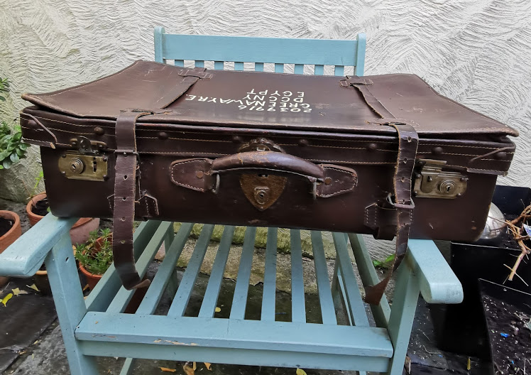 Large Vintage Suitcase with straps and destination painted on lid. - Image 3 of 7