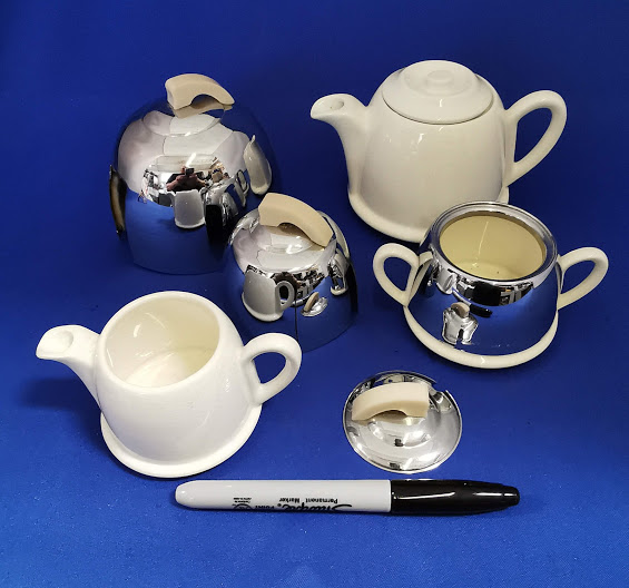 Vintage Retro Chrome And Ceramic insulated tea pot sugar bowl and milk jug. Tea for one set. - Image 5 of 5
