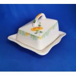 Art Deco Cheese Dish Ivory Ware Ceramic with Cover Orange/Green 1930s Clarice Cliff Colours