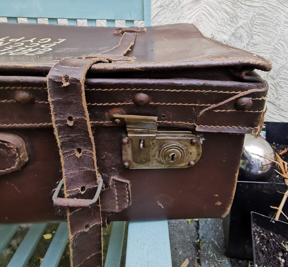 Large Vintage Suitcase with straps and destination painted on lid. - Image 4 of 7