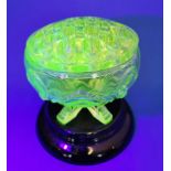 Vintage Uranium Green Glass Posy Bowl/ Vase with 'frog' holder with black glass stand