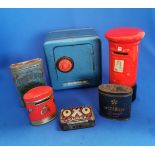 Group of collectable tins and money boxes in vintage condition