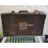 Large Vintage Suitcase with straps and destination painted on lid.