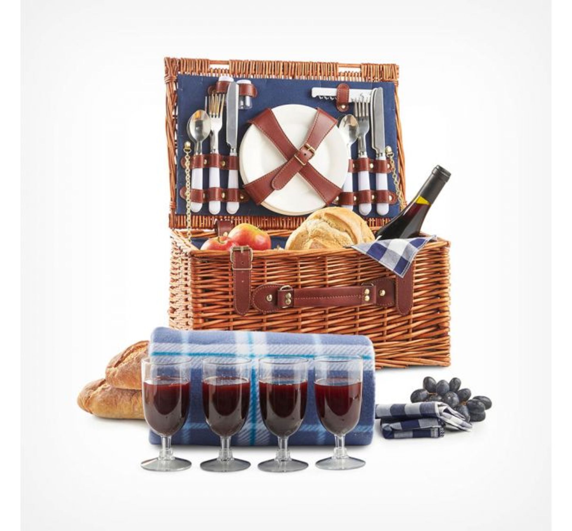 (TD41) 4 Person Navy Wicker Hamper Cutlery, plates, wine goblets, napkins, bottle opener, chop... - Image 2 of 3