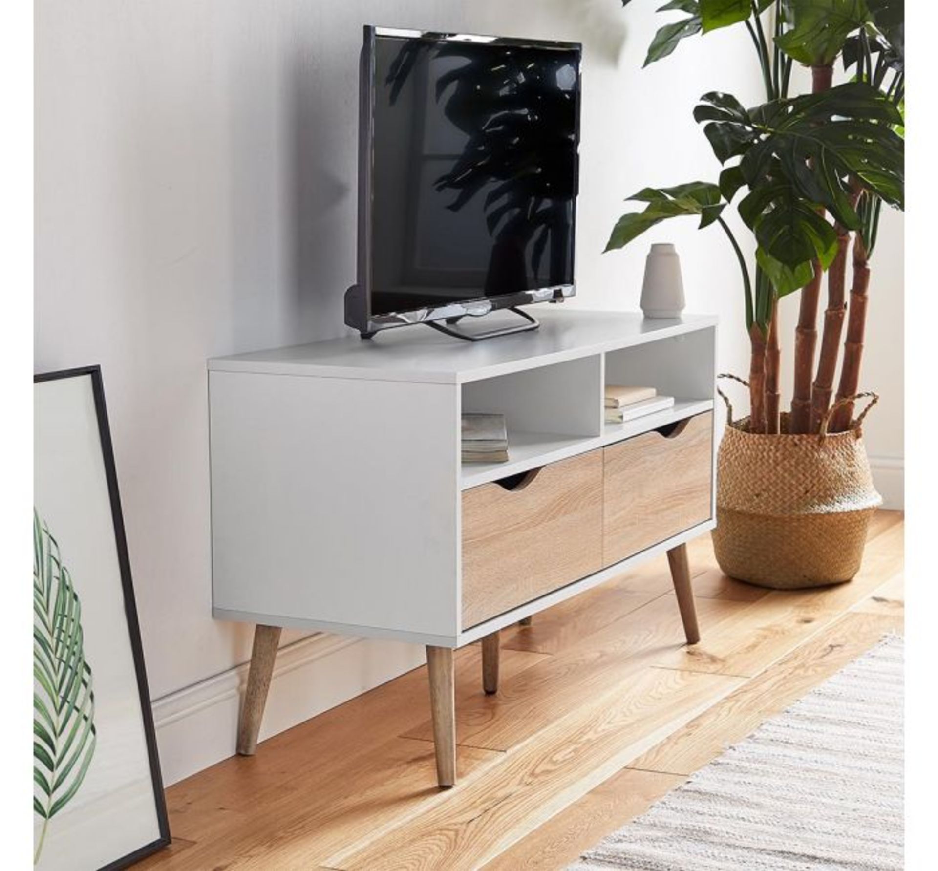 (AP165) White & Oak Small TV Unit Split front features a 2 shelves and 2 drawers Raised on on... - Image 3 of 3