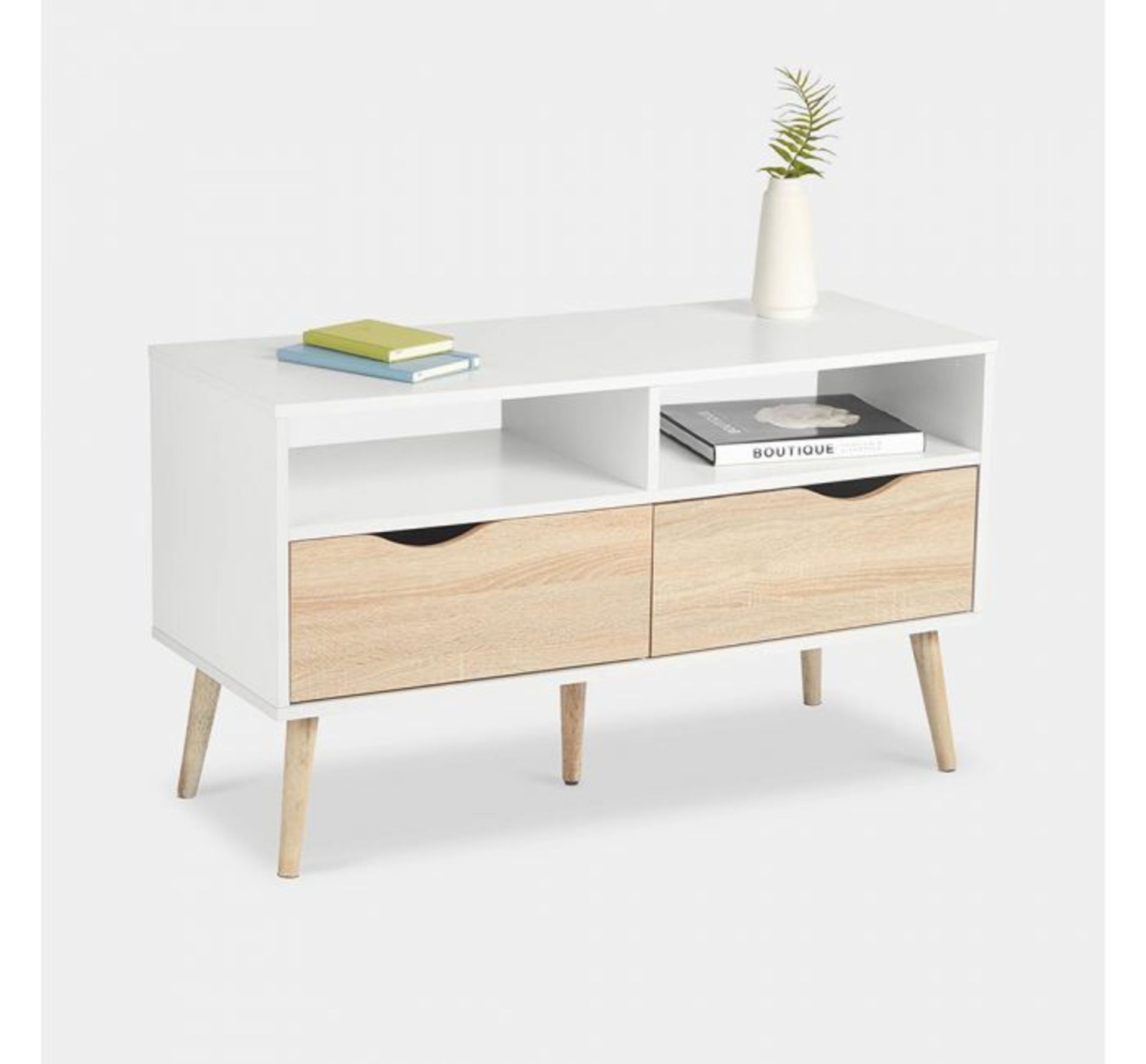 (AP165) White & Oak Small TV Unit Split front features a 2 shelves and 2 drawers Raised on on... - Image 2 of 3