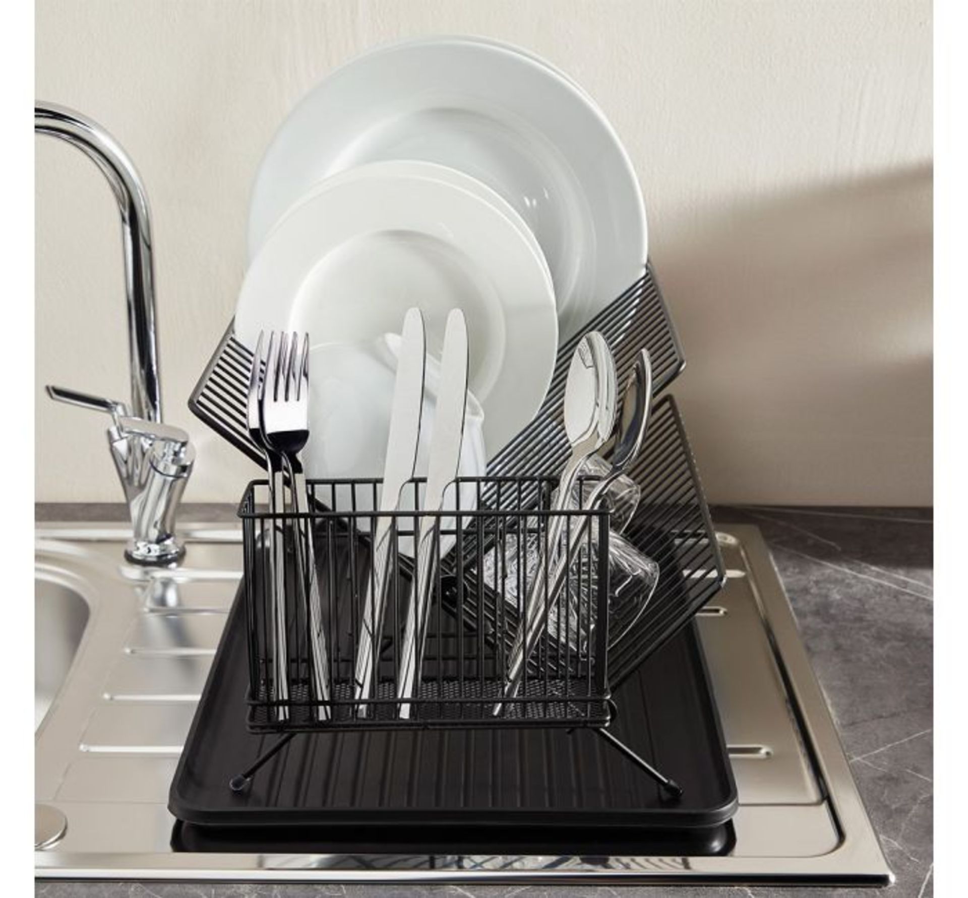 (TD21) Matte Black Dish Drainer Two-tier dish drainer includes removable cutlery basket & drip... - Image 3 of 3