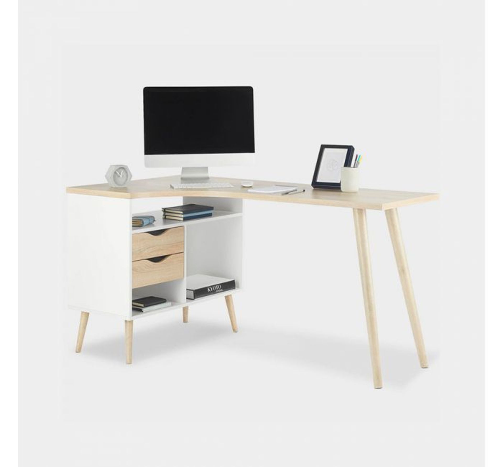 (AP211) White & Oak Computer Desk The clean white finish and tapered legs are paired with real... - Image 2 of 3