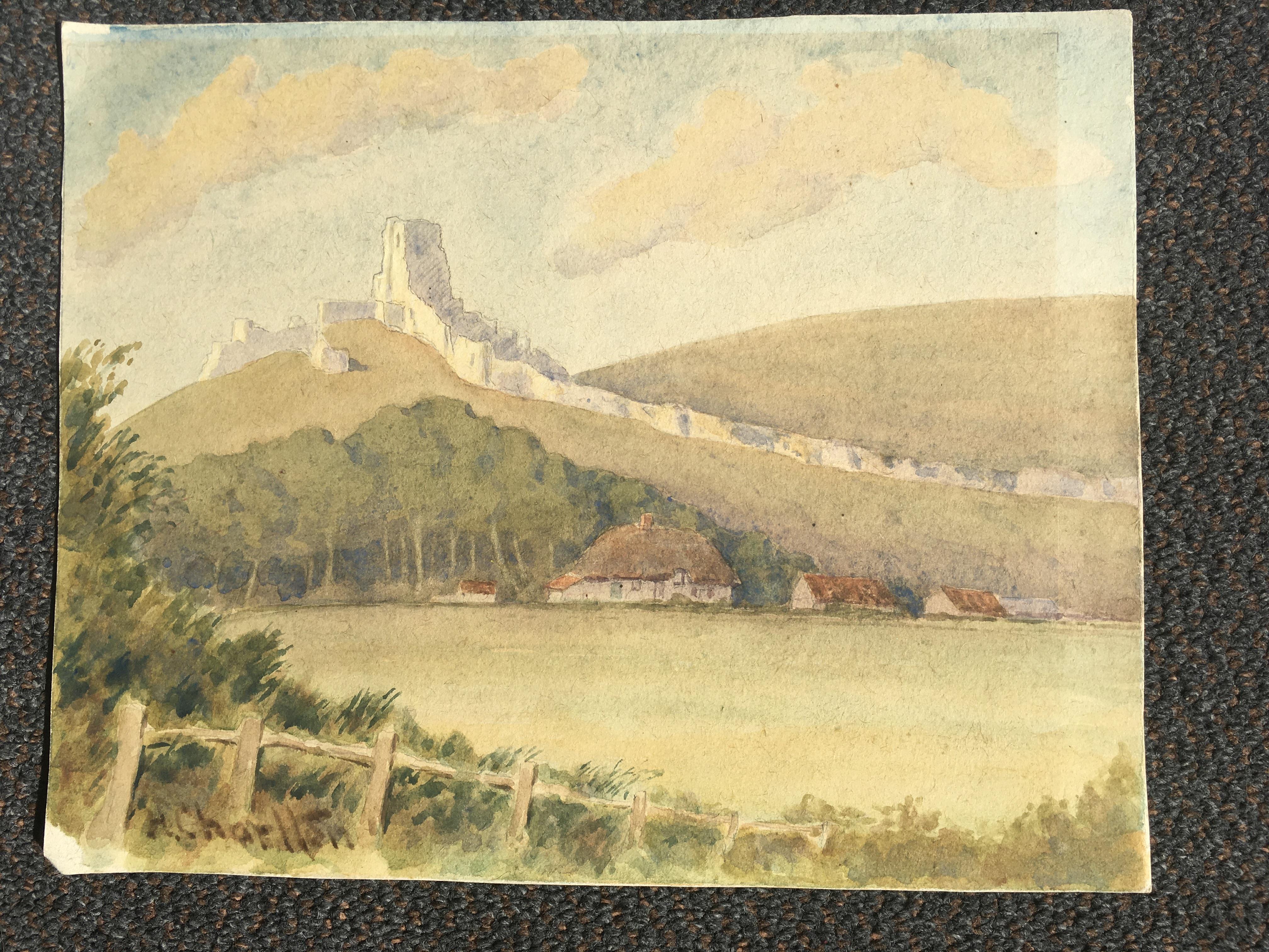 H Charlton watercolour, pencil Corfe Castle 9 1/2x12