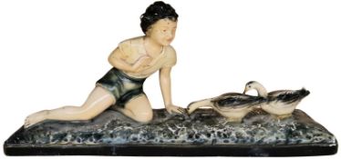 Art Deco Chalkware Of Girl With Geese