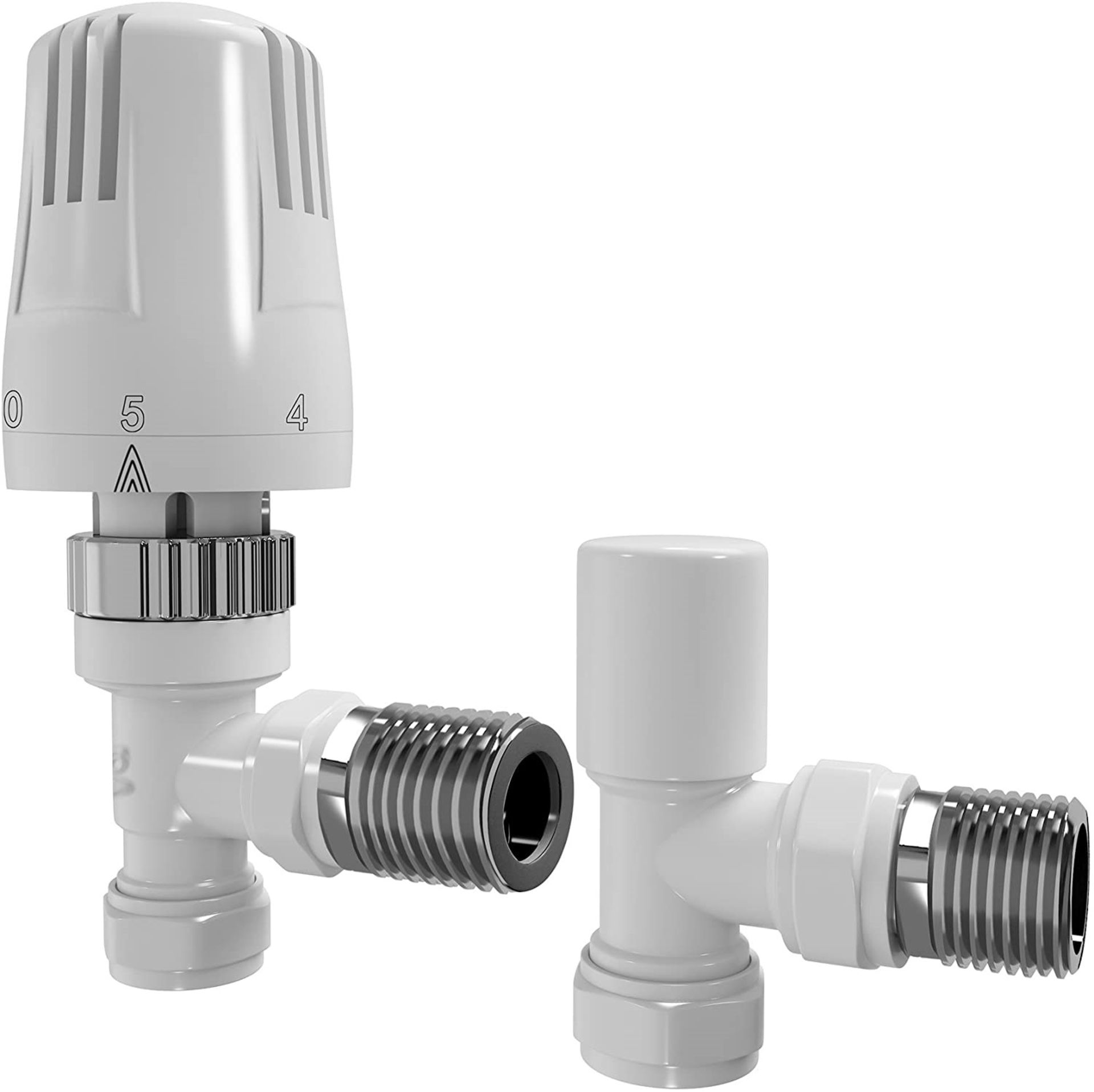 White Thermostatic Angled Radiator Valves. RA32A. Solid brass core with gloss white finish Th...