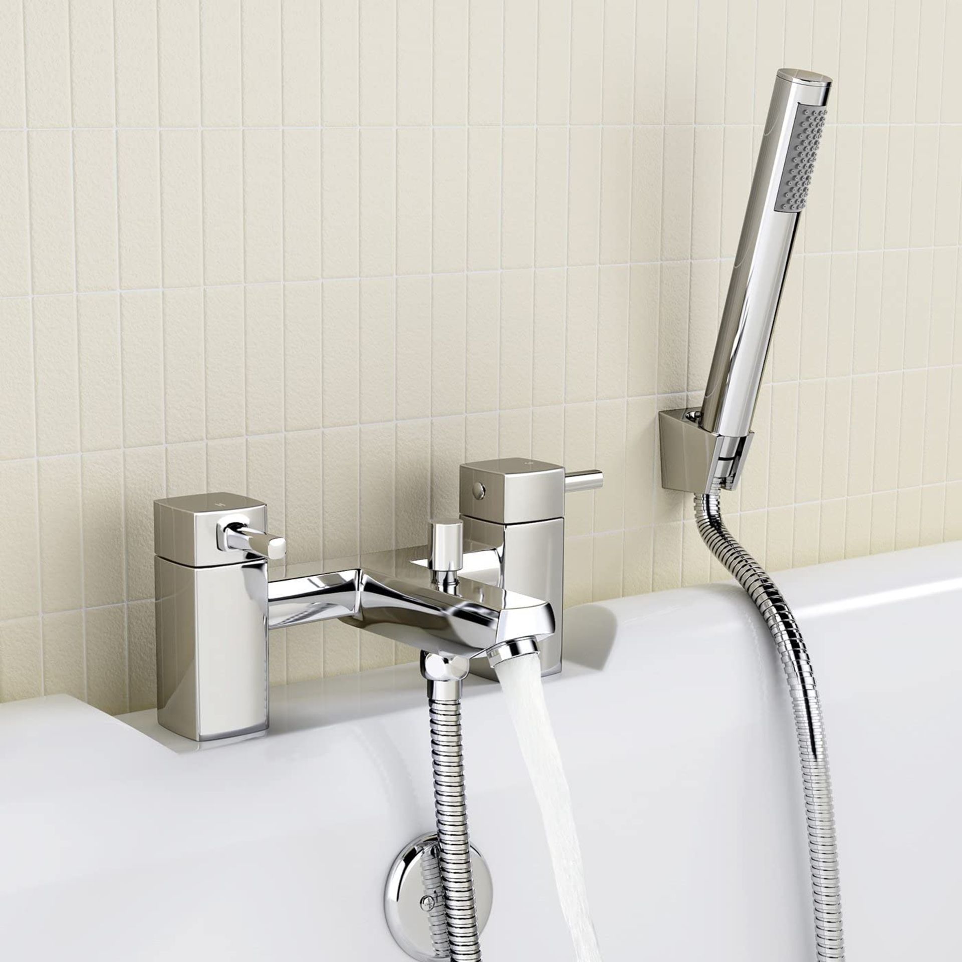 (MG1003) Square Bath Filler Mixer Tap with Modern Bathroom Shower Head . Chrome plated solid b...