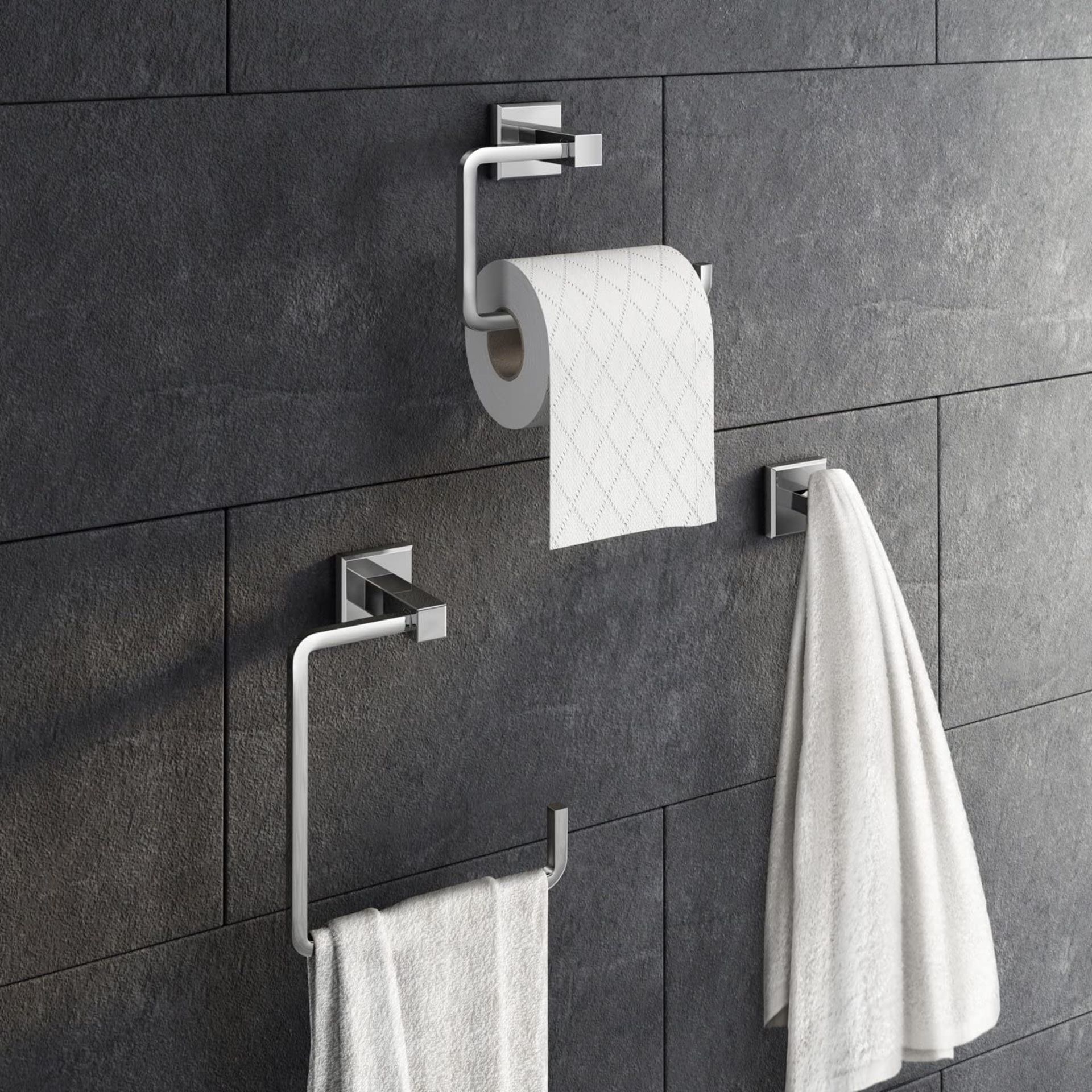 (MG1005) 3 Piece Bathroom Accessory Set Towel Ring Toilet Roll Holder + Robe Hook Kit .