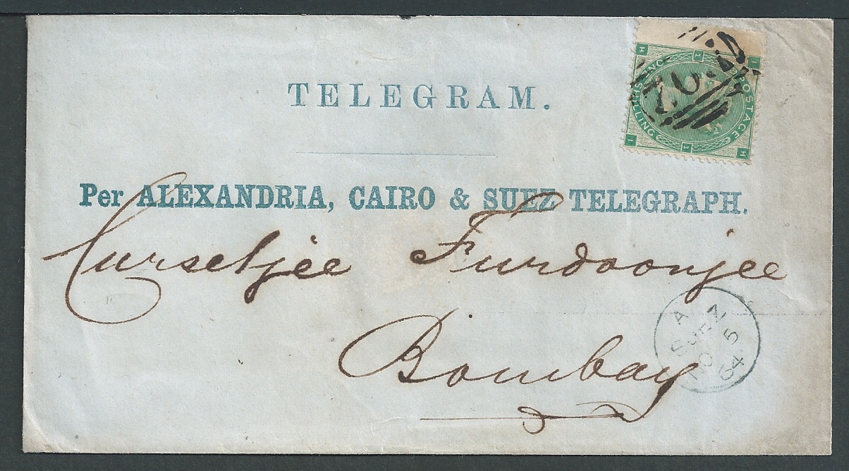 Egypt 1864 Printed "TELEGRAM. / Per ALEXANDRIA, CAIRO & SUEZ TELEGRAPH" envelope sent to Bombay w...