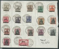 Saar 1920 (Jan 30) 2pf to 1m set on piece, each stamp cancelled by Saarbrucken 2 c.d.s. (6 May). ...