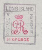 LONG ISLAND 1916 6d ESSAY, the frame in black, the arms and value in red, in a complete sheet of 25