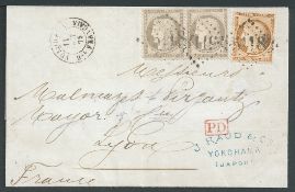 Japan / France Used Abroad 1875 (Oct 11) Entire to France bearing 1870-71 40c orange-yellow and ...