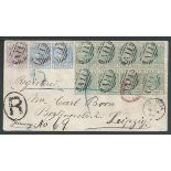 St Lucia 1888 Registered cover from Castries to Germany franked by die I 1/2d green block of eigh...