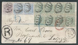 St Lucia 1888 Registered cover from Castries to Germany franked by die I 1/2d green block of eigh...
