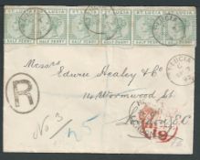St Lucia 1892 Registered cover from Castries to London franked by die II 1/2d green strip of six,...