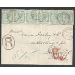 St Lucia 1892 Registered cover from Castries to London franked by die II 1/2d green strip of six,...