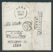 G.B. - Ship Letters - Lynn / Norfolk 1837 (Aug 11) Letter bearing proof strikes of all the handst...