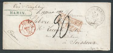French Colonies - Martinique 1851 Cover to France with blue framed "MARIN" (Jamet type 1, recorde...