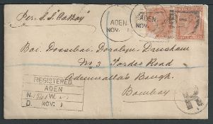 Aden 1884.Registered cover (edge faults, with enclosed letter) to Bombay bearing QV 2a (faults) a...