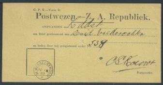 Transvaal 1889 Receipt for Registered letter on yellow paper 185 x 90 mm cancelled by M. Wesselst...