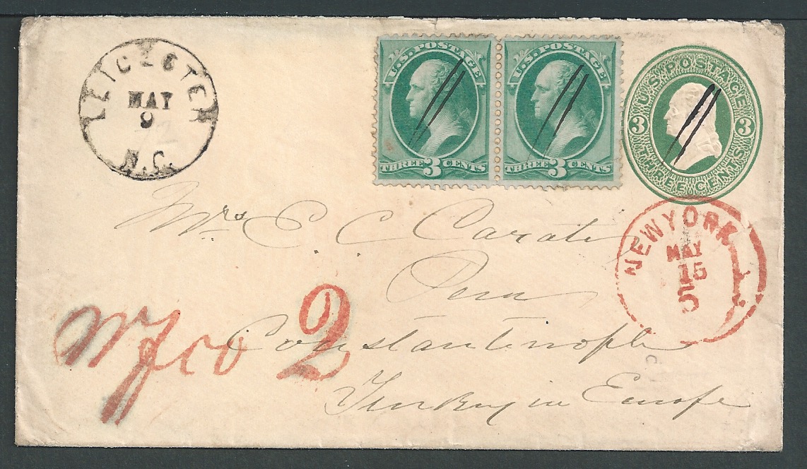 Germany / U.S.A. c.1871 U.S.A. 3c postal stationery envelope from Leicester to Constantinople t...