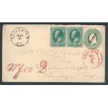 Germany / U.S.A. c.1871 U.S.A. 3c postal stationery envelope from Leicester to Constantinople t...
