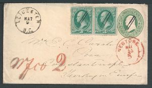 Germany / U.S.A. c.1871 U.S.A. 3c postal stationery envelope from Leicester to Constantinople t...