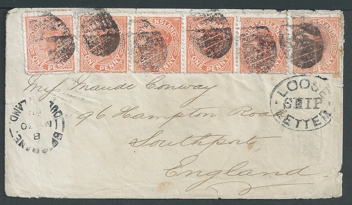 Queensland 1889 Cover to England franked 1d single and strip of five each with an indistinct nume...