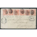 Queensland 1889 Cover to England franked 1d single and strip of five each with an indistinct nume...