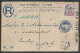 Gold Coast 1902 2d Postal stationery registration envelope to England bearing QV 1d cancelled by ...