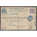 Gold Coast 1902 2d Postal stationery registration envelope to England bearing QV 1d cancelled by ...