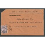 Siam 1896 Reuter's Telegram envelope (trimmed 10mm at right) with printed address of "John Barret...