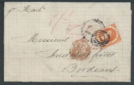 Saint Lucia 1878 Entire (rebacked) from Castries to Bordeaux franked 1876 perf 14 1/- orange unus...