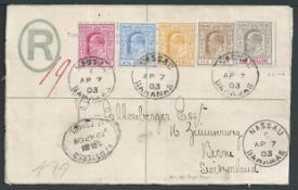 Bahamas 1903 Usage of Queen Victoria 2d postal stationery registration envelope to Switzerland wi...